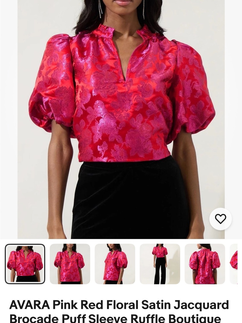 Pink-Red Floral Satin Jacquard Puff Sleeve Top
